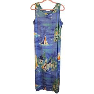Vintage 90s Sea Suns Sleeveless Maxi Dress Sailboats Size Small Resort Vacation